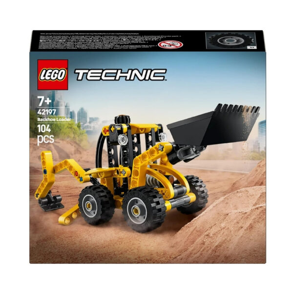 LEGO 42197 Backhoe Loader model featuring a detailed construction vehicle with movable parts and a yellow and black color scheme.