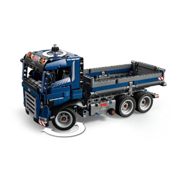LEGO Technic Tipping Dump Truck V29 model showcasing a detailed construction vehicle with a tipping bed and wheels
