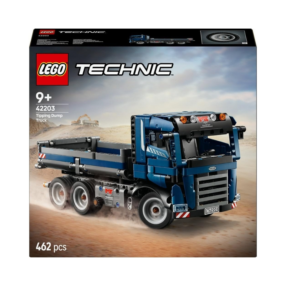 LEGO 42203 Technic Tipping Dump Truck V29 - 6526812 LEGO Technic Tipping Dump Truck V29 model showcasing a detailed construction vehicle with a tipping bed and wheels