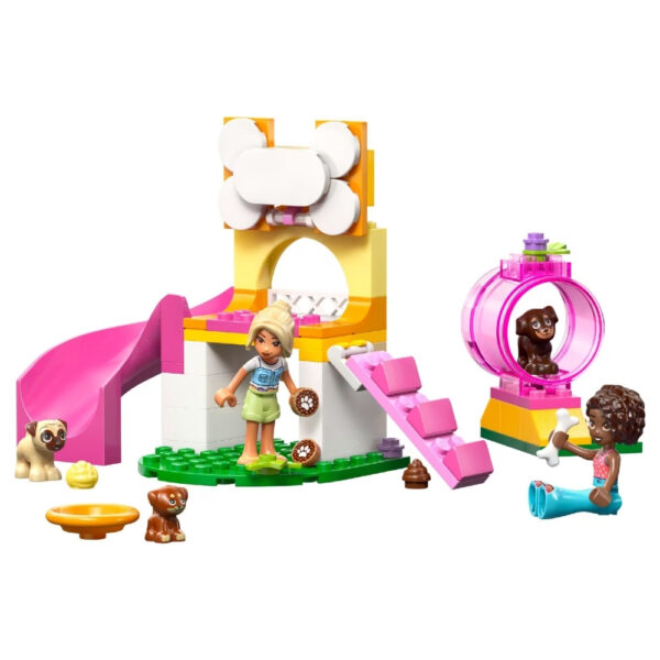 Colorful LEGO set featuring a puppy playground with various play structures and playful dogs