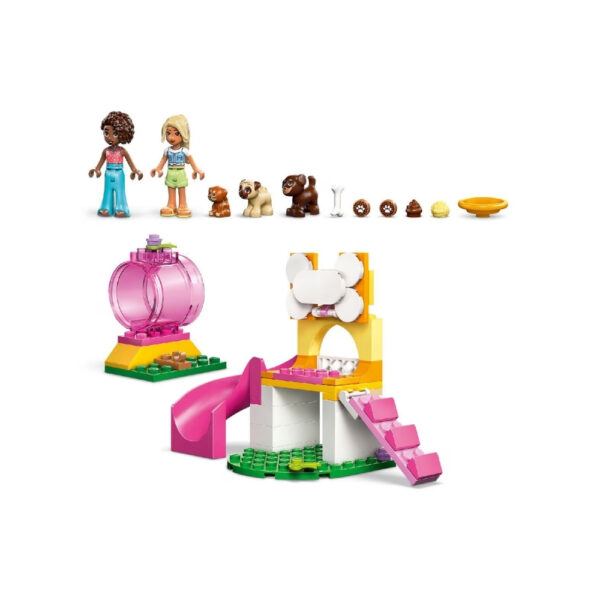 Colorful LEGO set featuring a puppy playground with various play structures and playful dogs