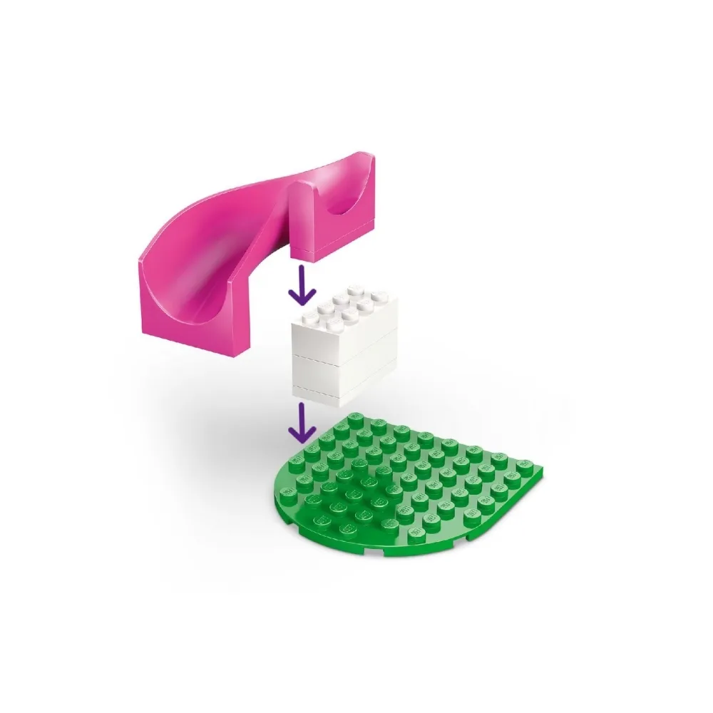 Colorful LEGO set featuring a puppy playground with various play structures and playful dogs