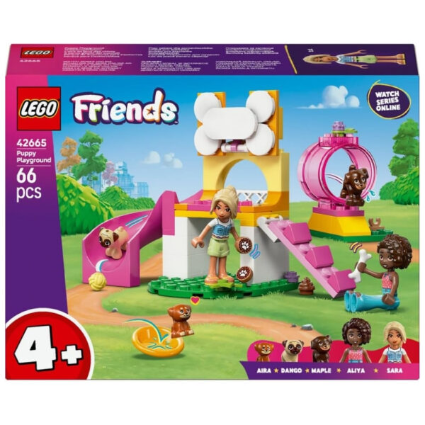 Colorful LEGO set featuring a puppy playground with various play structures and playful dogs