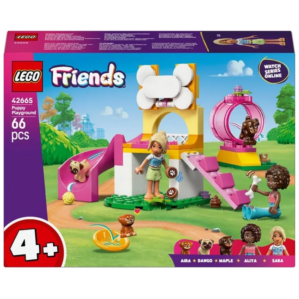 Colorful LEGO set featuring a puppy playground with various play structures and playful dogs