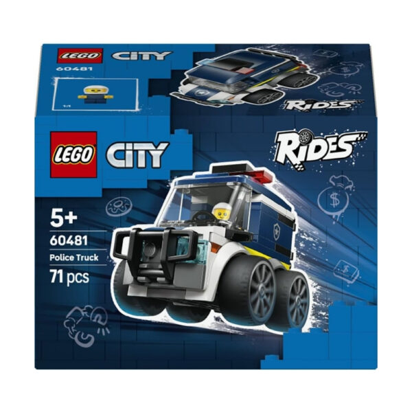 LEGO 60481 Ride Police Truck with a detailed police vehicle, two minifigures, and various crime-fighting accessories
