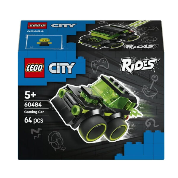 LEGO 60484 City Rides set featuring a colorful gaming race car with a driver and racing accessories