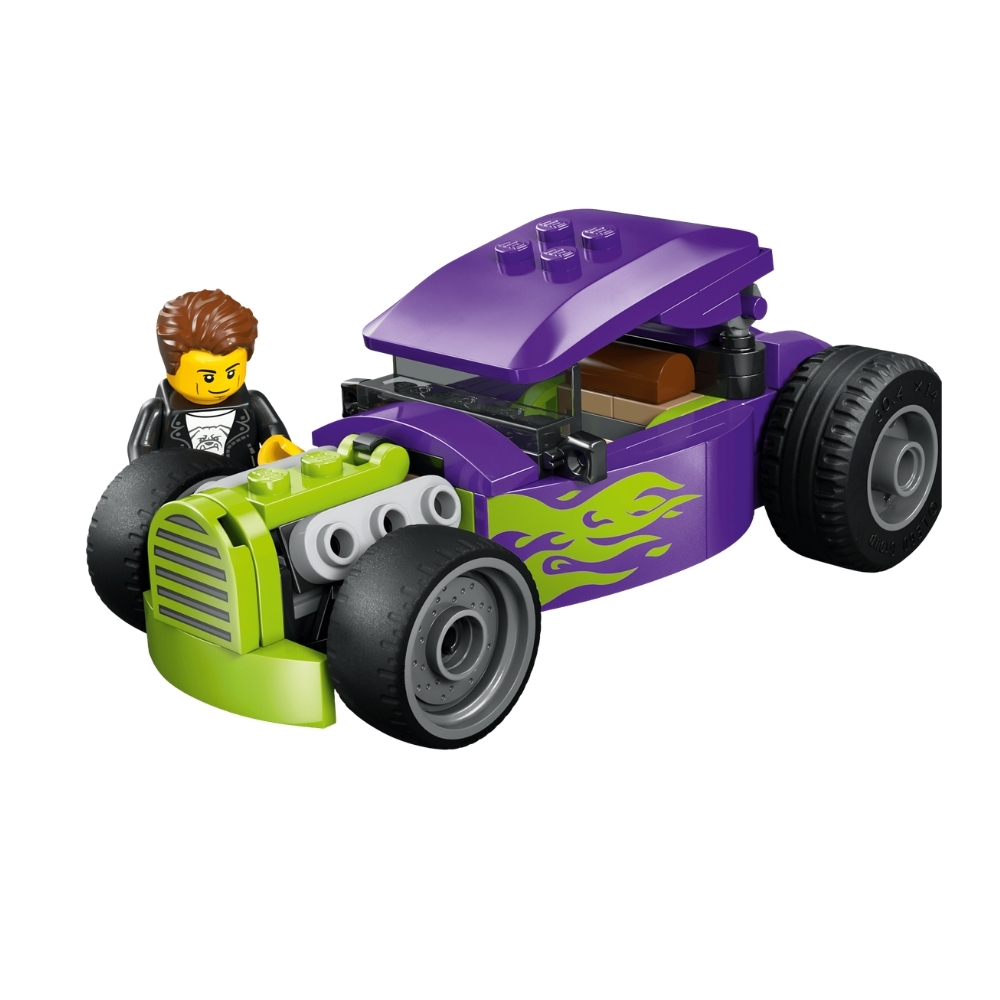 LEGO 60485 Hot Rod – 6581048-2 A colorful LEGO Hot Rod model featuring a sleek design, large wheels, and a vibrant red and yellow color scheme