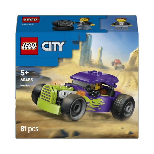 A colorful LEGO Hot Rod model featuring a sleek design, large wheels, and a vibrant red and yellow color scheme