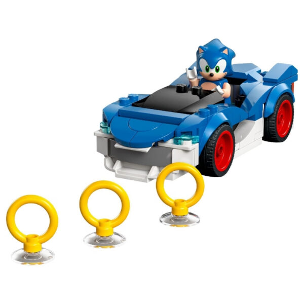 LEGO 77117 set featuring Sonic the Hedgehog in a speedster car, with vibrant colors and dynamic design elements
