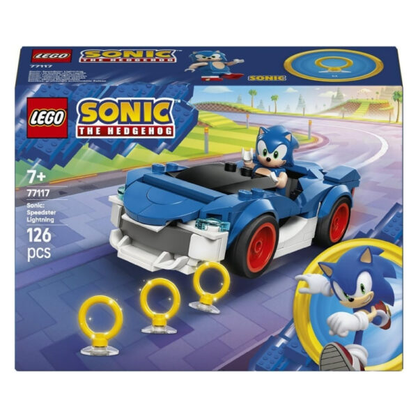 LEGO 77117 set featuring Sonic the Hedgehog in a speedster car, with vibrant colors and dynamic design elements