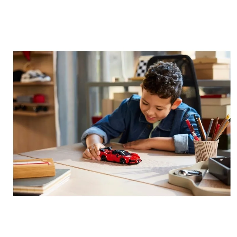 LEGO 77254 set featuring a detailed model of the Ferrari SF90 XX Stradale sports car in vibrant colors
