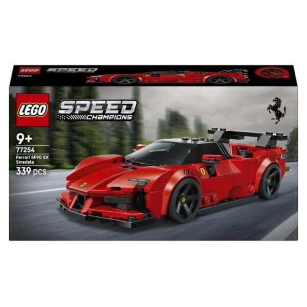 LEGO 77254 set featuring a detailed model of the Ferrari SF90 XX Stradale sports car in vibrant colors