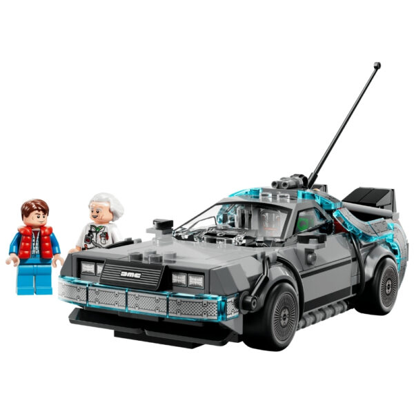 LEGO 77256 Time Machine set from Back to the Future, featuring the iconic DeLorean and mini-figures of Doc and Marty