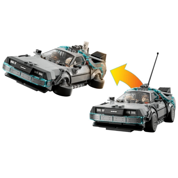 LEGO 77256 Time Machine set from Back to the Future, featuring the iconic DeLorean and mini-figures of Doc and Marty