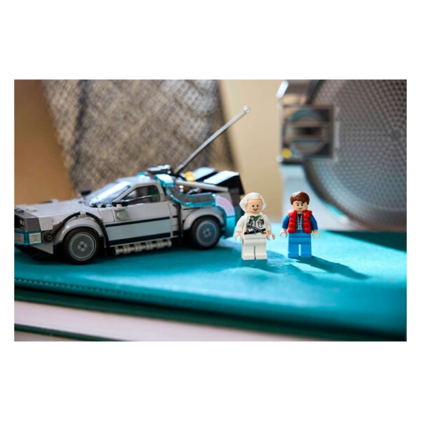 LEGO 77256 Time Machine set from Back to the Future, featuring the iconic DeLorean and mini-figures of Doc and Marty