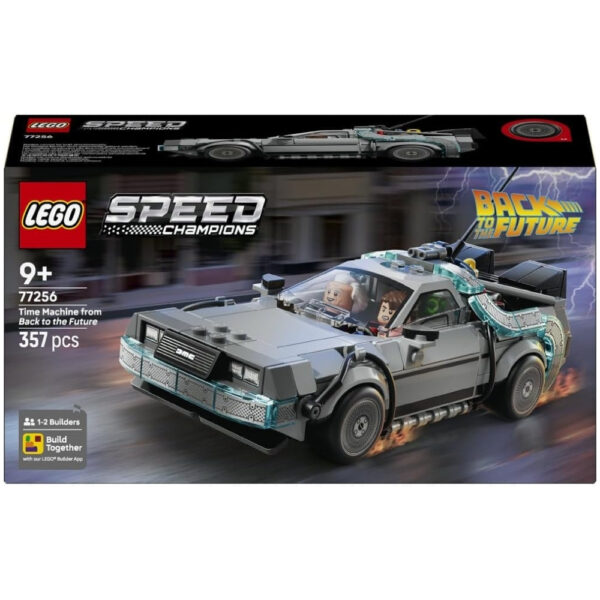 LEGO 77256 Time Machine set from Back to the Future, featuring the iconic DeLorean and mini-figures of Doc and Marty