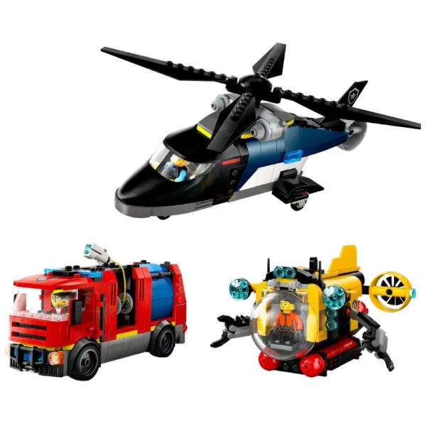 LEGO City 3in1 set featuring a helicopter, fire truck, and submarine, showcasing various building options and play scenarios