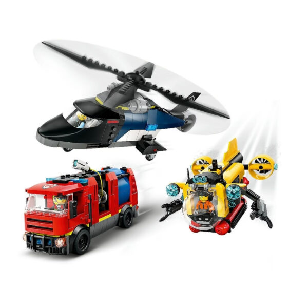 LEGO City 3in1 set featuring a helicopter, fire truck, and submarine, showcasing various building options and play scenarios