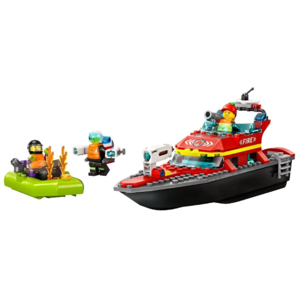LEGO City 60373 Fire Rescue Boat set featuring a boat, firefighter minifigure, and water rescue accessories