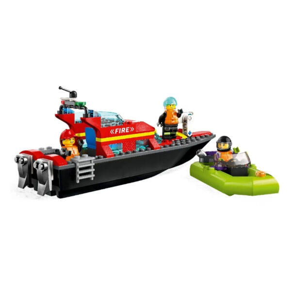 LEGO City 60373 Fire Rescue Boat set featuring a boat, firefighter minifigure, and water rescue accessories