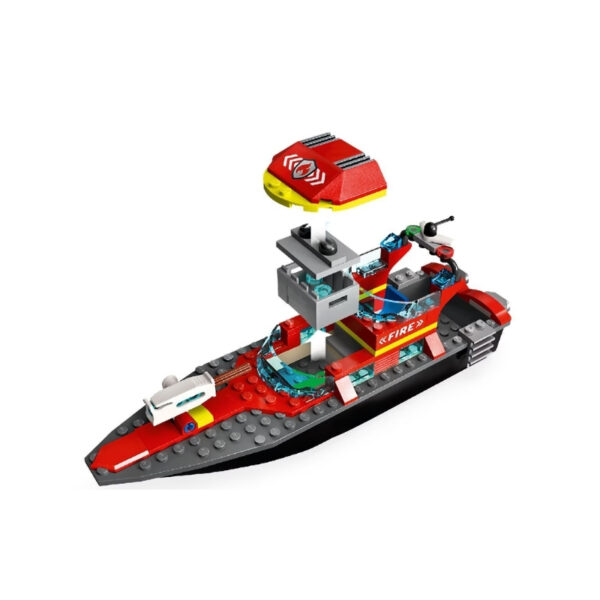 LEGO City 60373 Fire Rescue Boat set featuring a boat, firefighter minifigure, and water rescue accessories