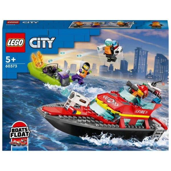 LEGO City 60373 Fire Rescue Boat set featuring a boat, firefighter minifigure, and water rescue accessories
