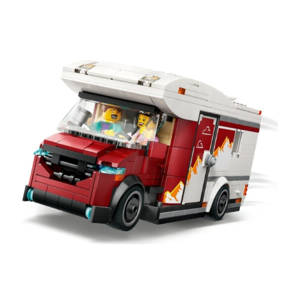 LEGO City 60454 Holiday Adventure Camper Van set featuring a colorful van, outdoor scene, and mini-figures enjoying a trip