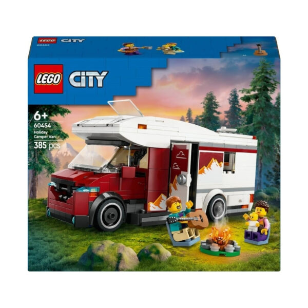 LEGO City 60454 Holiday Adventure Camper Van set featuring a colorful van, outdoor scene, and mini-figures enjoying a trip