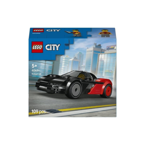 LEGO City 60486 set featuring a sleek, colorful EV supercar with detailed design and accessories for imaginative play