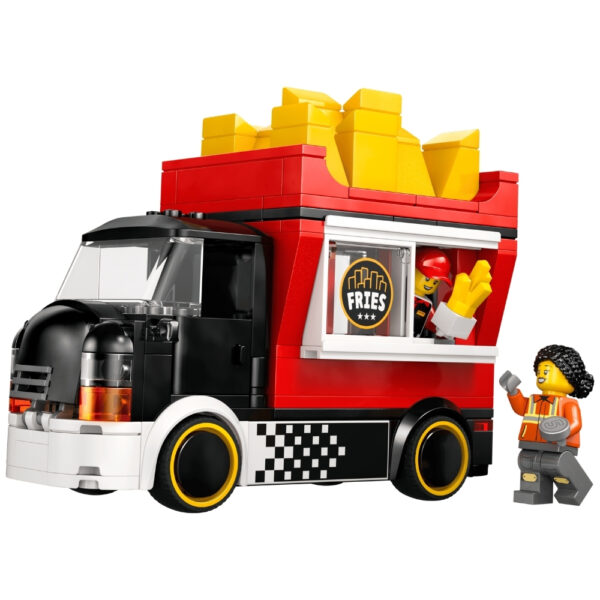 A colorful LEGO food truck set featuring a fries vendor, complete with fries, customers, and outdoor seating