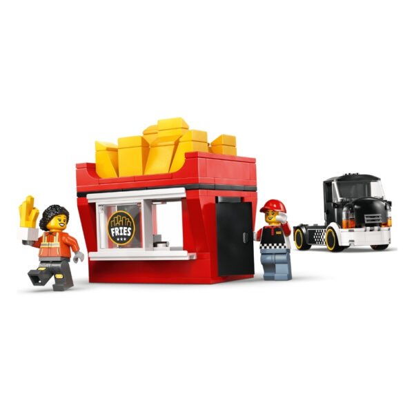 A colorful LEGO food truck set featuring a fries vendor, complete with fries, customers, and outdoor seating