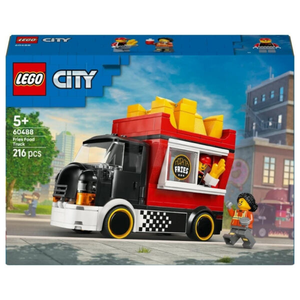 A colorful LEGO food truck set featuring a fries vendor, complete with fries, customers, and outdoor seating