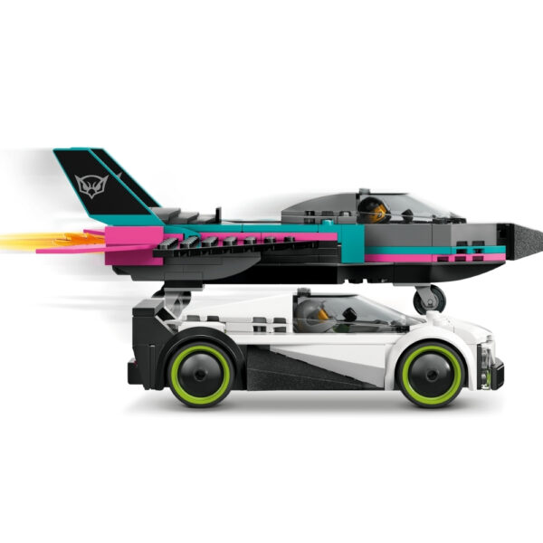 LEGO City 60489 set featuring a jet and a car in a dynamic chase scene with vibrant colors and detailed mini-figures