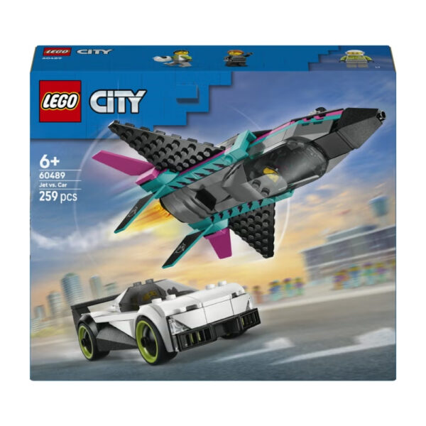 LEGO City 60489 set featuring a jet and a car in a dynamic chase scene with vibrant colors and detailed mini-figures