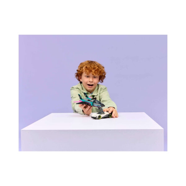 LEGO City 60489 set featuring a jet and a car in a dynamic chase scene with vibrant colors and detailed mini-figures