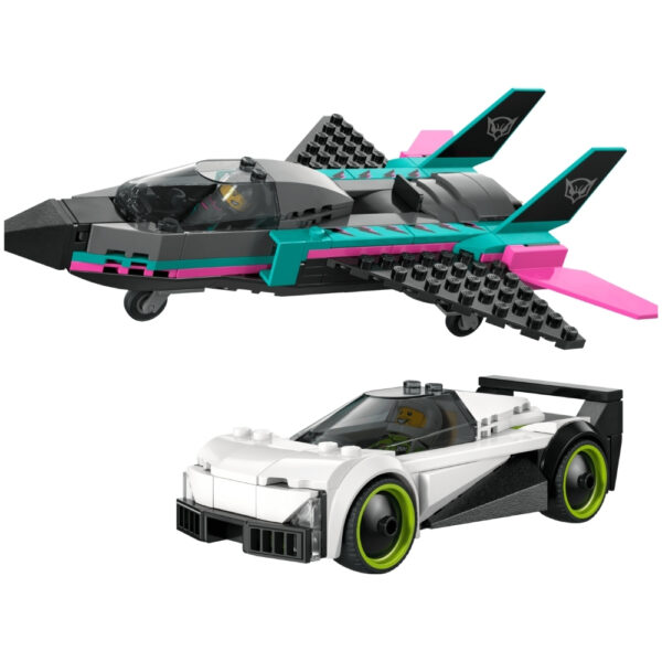 LEGO City 60489 set featuring a jet and a car in a dynamic chase scene with vibrant colors and detailed mini-figures