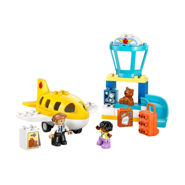 LEGO Duplo 10443 set featuring children playing at an airport with a plane, luggage, and a terminal building