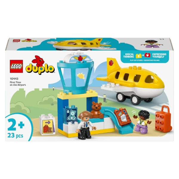 LEGO Duplo 10443 set featuring children playing at an airport with a plane, luggage, and a terminal building