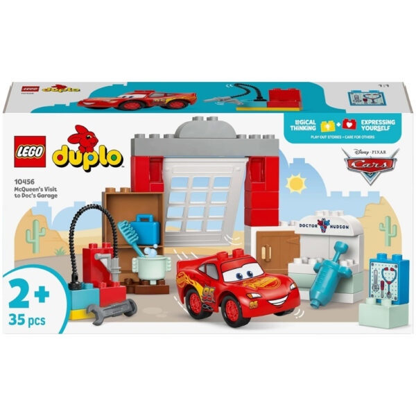 LEGO Duplo set featuring Disney and Pixar's McQueen visiting Doc, with colorful blocks and characters for imaginative play