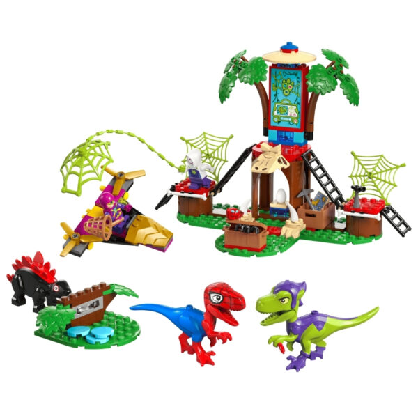 LEGO Marvel set with Spidey and Green Goblin in an action scene, featuring a raptor and vibrant building pieces