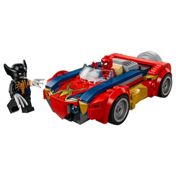 Spider-Man's car confronts a Venomized Wolverine in this LEGO Marvel set, showcasing a dynamic superhero showdown