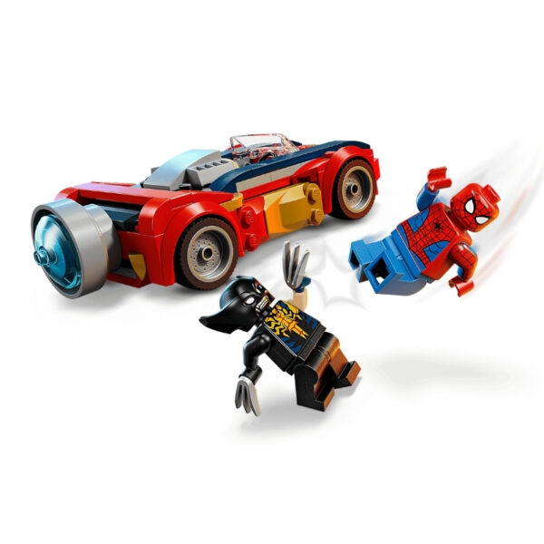 Spider-Man's car confronts a Venomized Wolverine in this LEGO Marvel set, showcasing a dynamic superhero showdown