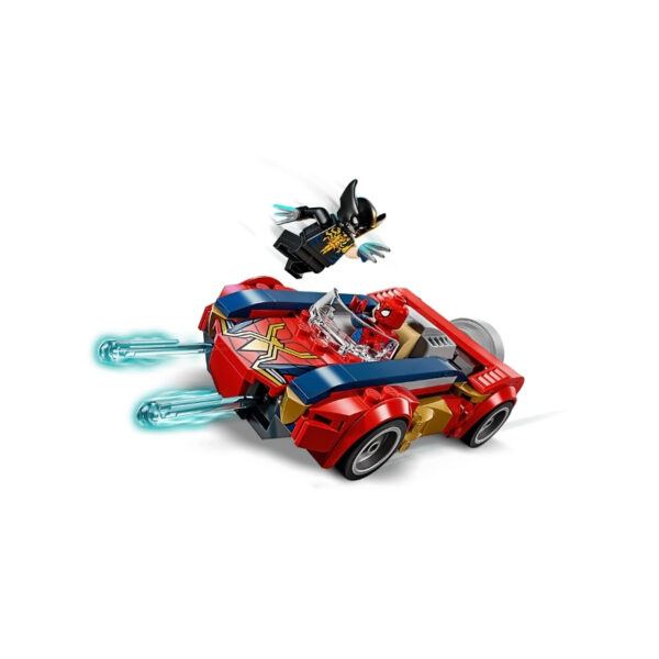 Spider-Man's car confronts a Venomized Wolverine in this LEGO Marvel set, showcasing a dynamic superhero showdown