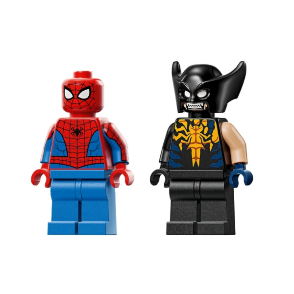 Spider-Man's car confronts a Venomized Wolverine in this LEGO Marvel set, showcasing a dynamic superhero showdown
