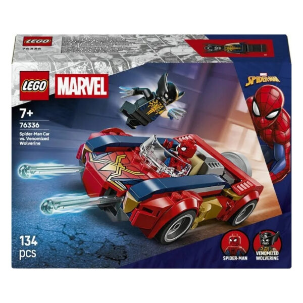Spider-Man's car confronts a Venomized Wolverine in this LEGO Marvel set, showcasing a dynamic superhero showdown