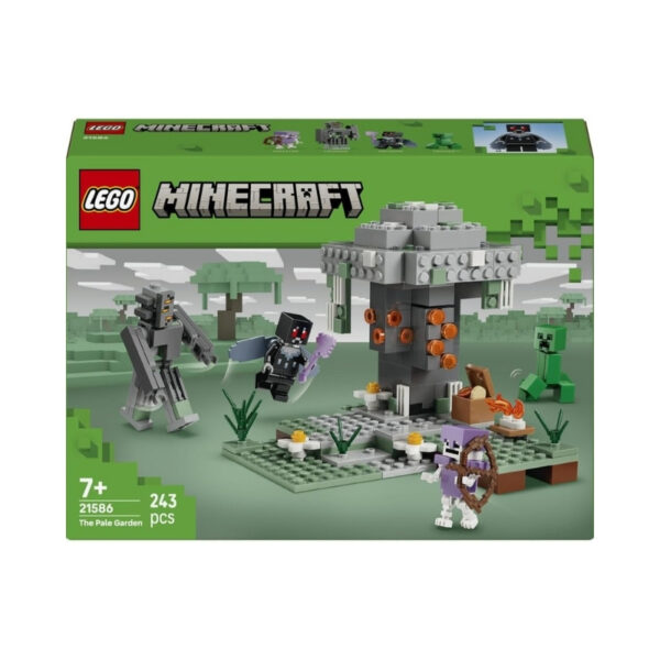 LEGO Minecraft set 21586, The Pale Garden, featuring a blocky landscape with characters and creatures from the game
