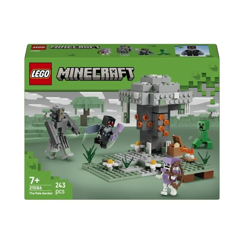 LEGO Minecraft set 21586, The Pale Garden, featuring a blocky landscape with characters and creatures from the game