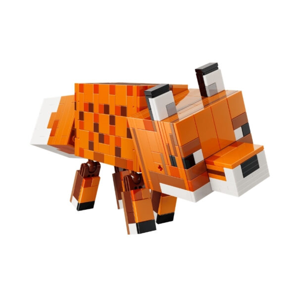 . LEGO Minecraft set 21588 featuring a fox, blocky terrain, and accessories for creative building and play