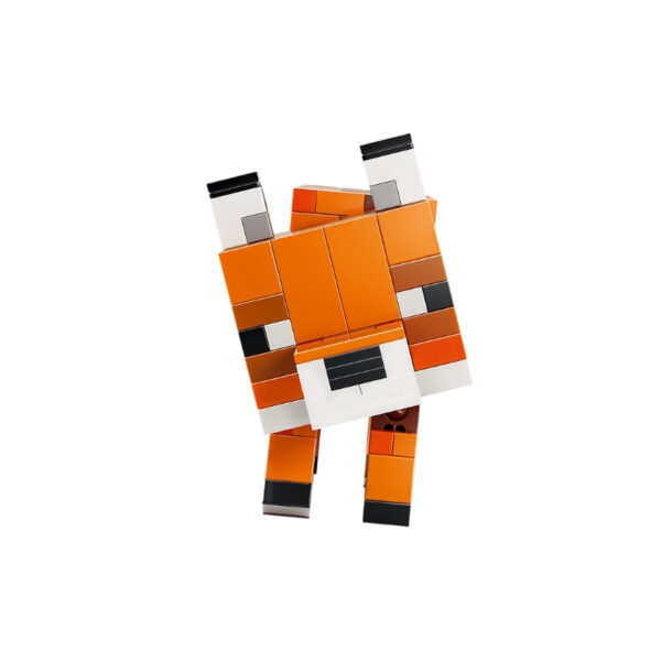 . LEGO Minecraft set 21588 featuring a fox, blocky terrain, and accessories for creative building and play