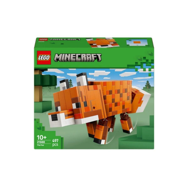 . LEGO Minecraft set 21588 featuring a fox, blocky terrain, and accessories for creative building and play